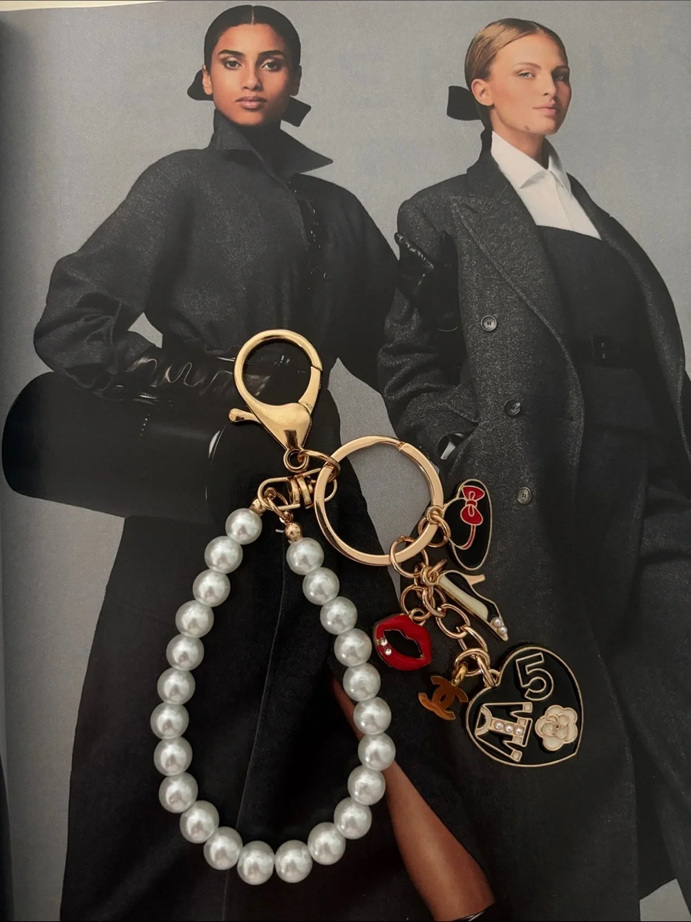Faux Pearl Beaded Charm Keyring with Gold-Tone Accents